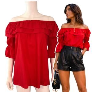 Vtg 70s Red Off Shoulder Blouse Ruffle Peasant Top Boho Festival Size L/XL